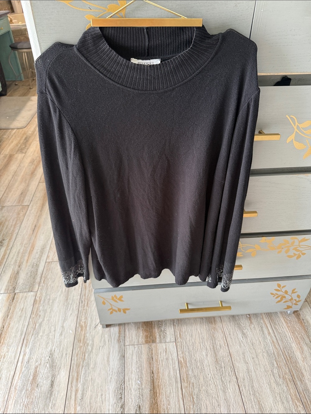 Stizzoli Black Crewneck Sweater with Beaded Cuff Detail